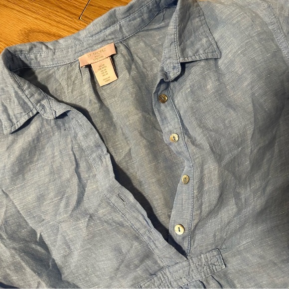 St. Tropez west 100% linen medium sky blue tunic blouse shirt with pearl buttons - Picture 3 of 9